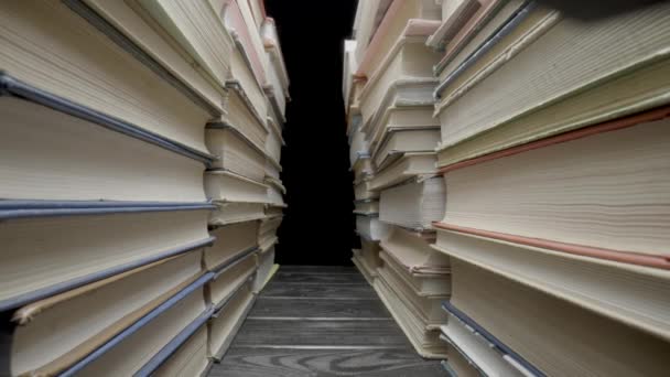 Camera Pans Stacks Old Books Gray Shabby Covers Vintage Textbooks — Video