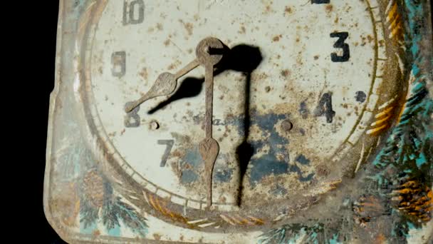 Old Clock Dial Rusty Minute Hour Hands Covered Corrosion White — Stock video