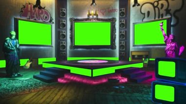 3D Sanal Stüdyo ve müzik sahnesi. Yeşil ekran ekranları, hoparlörler, gitar, kaset ve modern özgürlük heykeli. TV stüdyosu, müzik kanalı, programlar, gösteriler. TV için arkaplan