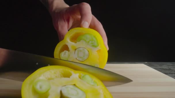 Hands Man Knife Slicing Yellow Sweet Pepper Rings Process Cutting — 图库视频影像