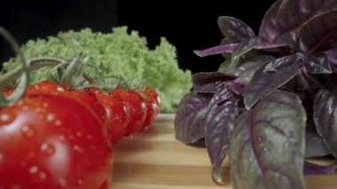 Twigs of purple basil, red tomatoes and green lettuce in water droplets on black background. Vegetables and greens are wet from moisture on wooden board. Ingredients for vegetable and seasoning salad