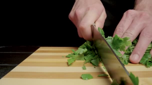 Male Hands Knife Cutting Green Parsley Sprigs Restaurant Chef Chopping — 비디오