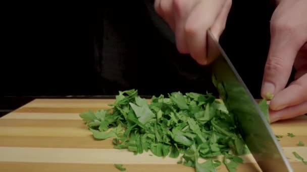 Male Hands Knife Cutting Green Parsley Sprigs Restaurant Chef Chopping — Video Stock