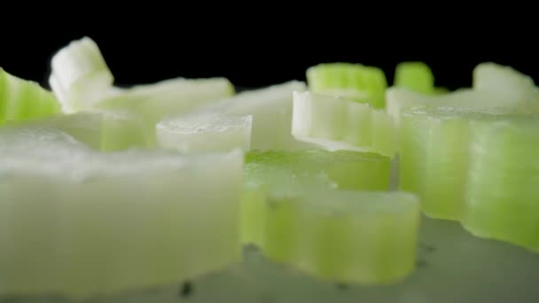 Sliced Slices Fresh Juicy Celery Stalk Gray Plastic Board Macro — Stock Video