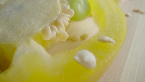 Sliced Rings Fresh Raw Yellow Bell Peppers Wooden Board Sweet — Stock video