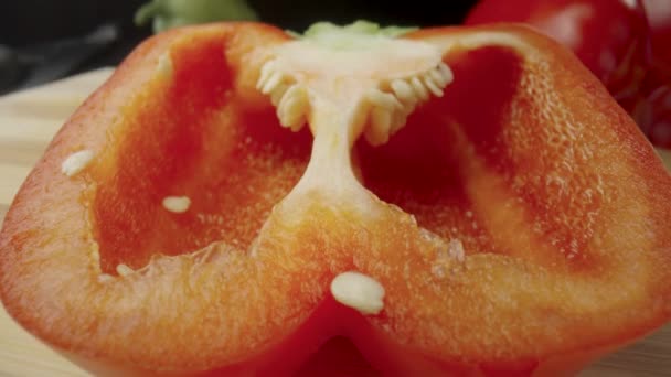 Sliced Half Fresh Raw Red Bell Peppers Wooden Board Sweet — Stockvideo