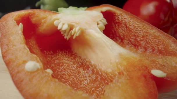 Sliced Half Fresh Raw Red Bell Peppers Wooden Board Sweet — Vídeo de stock