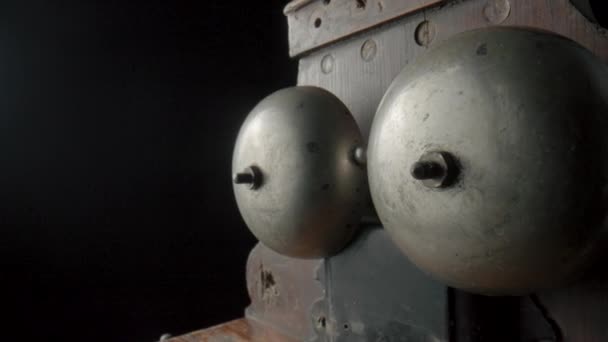 Wooden Brown Antique Telephone Apparatus Two Metal Hemispheres Signaling Call — Stockvideo