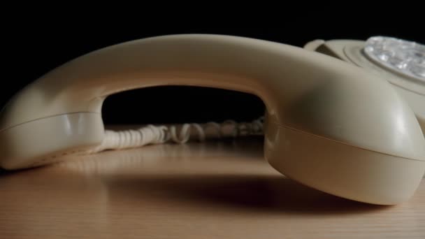 Old White Rotary Telephone Removed Handset Lying Beige Wooden Table — Stok video