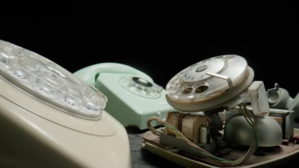 Old Disassembled Rotary Telephone Close Internal Parts Black Background Vintage — Vídeo de Stock