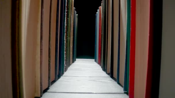 Camera Moves Rows Books Colored Covers Arranged Bookshelf Library Old — Stockvideo