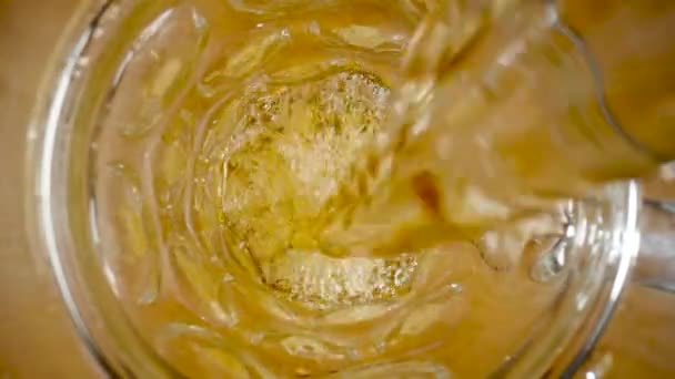 Top View Stream Amber Beer Pouring Glass Macro Shot Jet — Stock Video