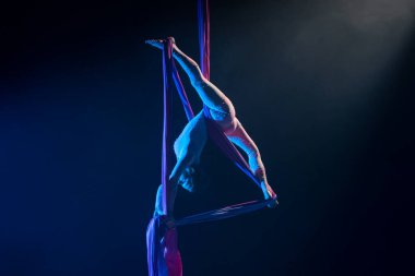 Female circus gymnast hanging upside down on aerial silk and demonstrates stretching. Young woman performs tricks at height on silk fabric. Difficult acrobatic stunts on black background with blue