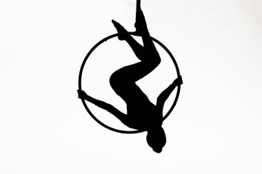 Black silhouette of a young woman gymnast performing on an aerial hoop on a white isolated studio background. Female aerial acrobat performs tricks while hovering upside down. Circus show. Full frame