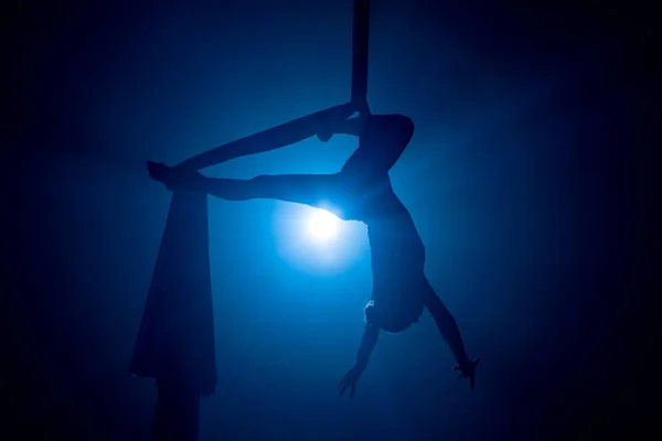 Young Woman Performing Circus Aerial Silk Dark Blue Light Silhouette – stockfoto