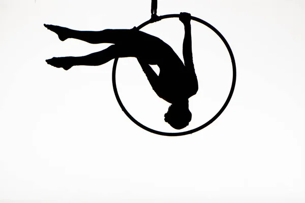 Black Silhouette Young Woman Gymnast Performing Aerial Hoop White Isolated — Stockfoto