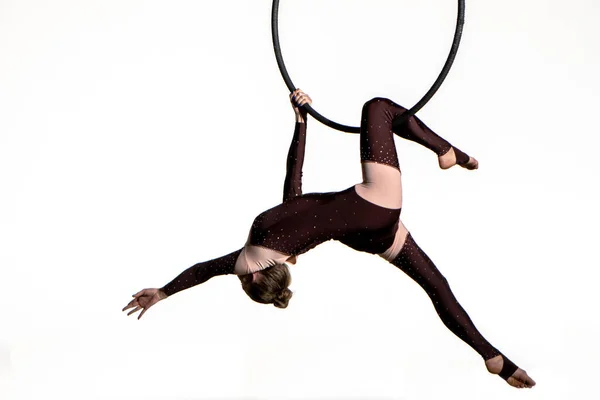 Pretty Circus Aerialist Brown Leotard Spinning Upside Aerial Ring Young — Zdjęcie stockowe