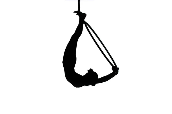 Black Silhouette Young Woman Gymnast Performing Aerial Hoop White Isolated – stockfoto