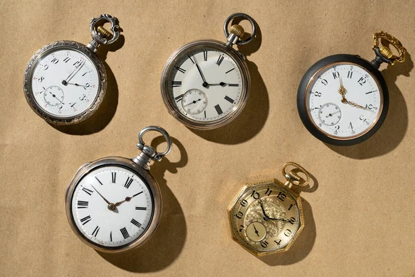 Set Five Antique Gold Silver Pocket Watches Beige Background Retro — 图库照片