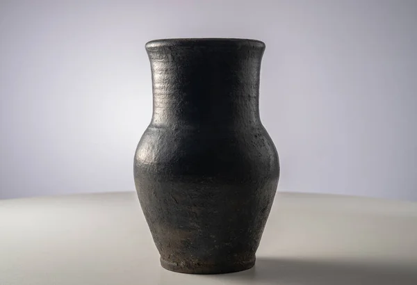 Black Old Jug Handmade Jar Clay Standing White Table Isolated — ストック写真