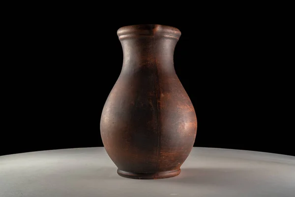 Dark Brown Jug Handmade Jar Clay Standing White Table Surface — Foto de Stock