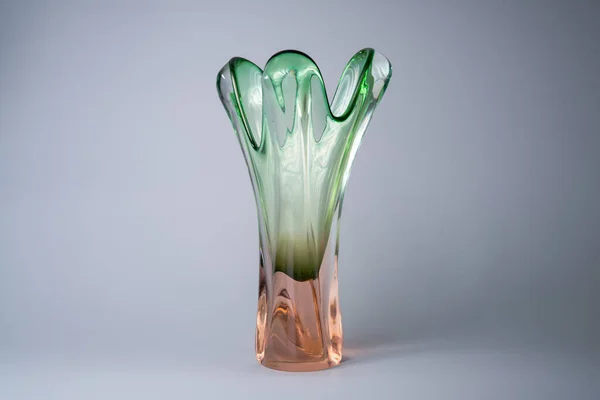 Bohemian Glass Long Vase Grey Background Studio Transparent Crystal Pink — Foto Stock