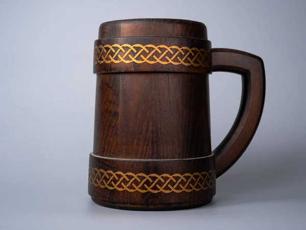 Wooden Oak Mug Handle Gray Studio Background Brown Mug Ornament — Stock Fotó