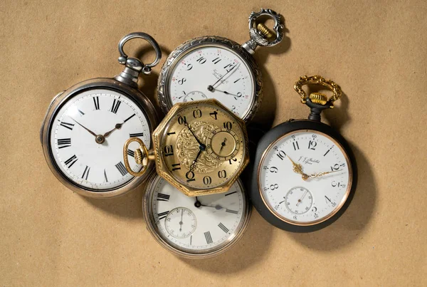 Set Five Antique Gold Silver American Swiss Pocket Watches Markings Stock Picture