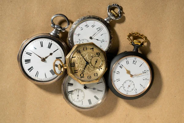 Set Five Antique Gold Silver Pocket Watches Beige Background Retro Royalty Free Stock Images