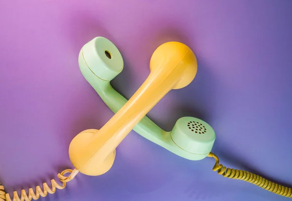 Yellow Green Crossed Telephone Receivers Twisted Cords Old Antique Rotary — Stockfoto