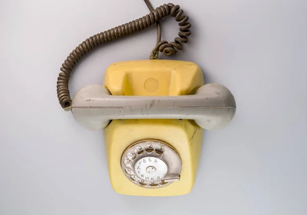 Old Yellow Antique Rotary Telephone Blue Background Vintage Landline Home — Fotografia de Stock