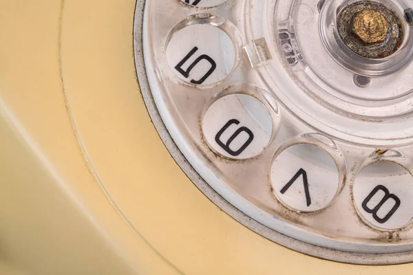 Dialing Disc Old Yellow Telephone Holes Numbers Macro Shot Retro — Stock Photo, Image