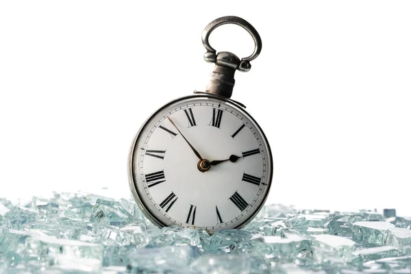 Antique Silver Pocket Watch Shiny Crystals Sparkling Glass Splinters Retro — Stockfoto