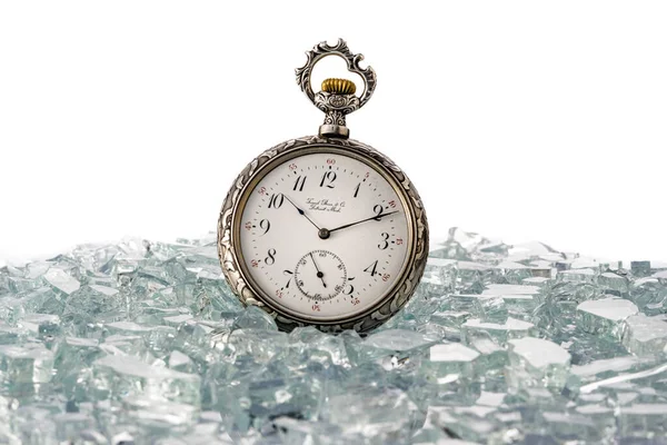 Antique Silver Pocket Watch Shiny Crystals Sparkling Glass Splinters Retro — 图库照片