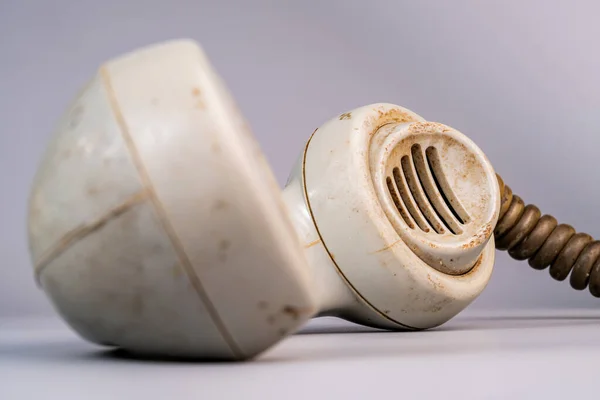 Tube White Old Rotary Landline Phone Macro Shot Dirty Plastic — Stockfoto