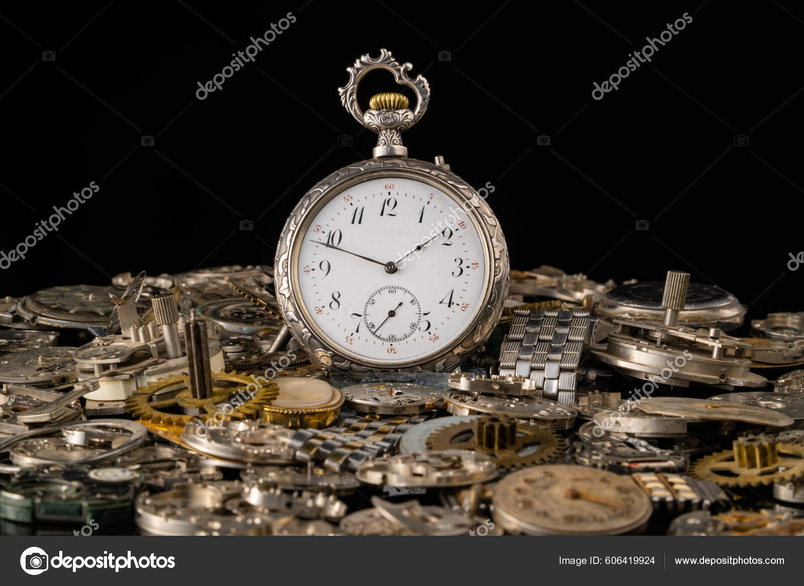 Antique Silver Pocket Watch Clockwork Parts Black Isolated Studio