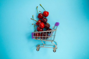 Ripe red sweet cherries in small shopping cart on blue background. Juicy sweet summer berries in a metal trolley. Organic fruits, healthy products. Concept of choosing and buying fruits in supermarket