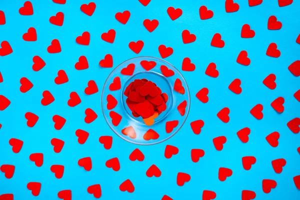 Wineglass Pattern Paper Red Hearts Blue Screen Background Top View — Φωτογραφία Αρχείου