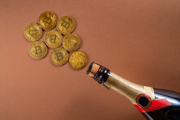 Corked Bottle Champagne Golden Bitcoins Brown Studio Background Cryptocurrency Gold — Stock Photo, Image