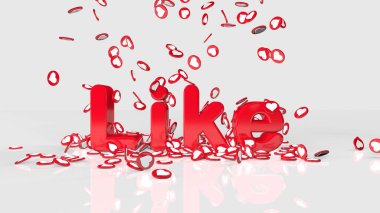 Beyaz arka plandaki gibi 3 boyutlu kırmızı harfler çiziyor. Düşen kırmızı kalp simgeleri gibi kelimeler. Sosyal ağlar için onay ve popülerlik sembolleri. İnternet aboneleri için oy kullanma düğmeleri, sohbetler