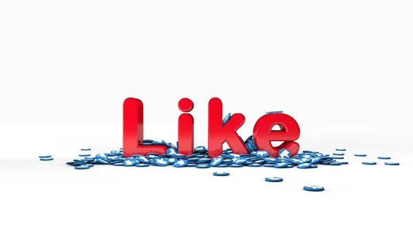 3D rendering red lettering Like on a white background. Words Like with pile of fallen blue thumbs up icons. Symbols of approval and recommendations for social networks. Voting buttons for Internet