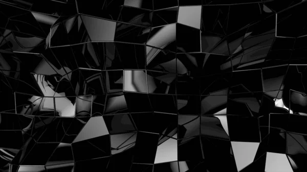 要旨光沢のあるブロックからのキンクと黒の幾何学的不均一なでこぼこ表面 深い黒で最小四角形の3Dレンダリング スクリーンセーバー プレゼンテーション またはコンピュータの幾何学的背景 — ストック写真