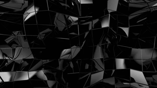 要旨光沢のあるブロックからのキンクと黒の幾何学的不均一なでこぼこ表面 深い黒で最小四角形の3Dレンダリング スクリーンセーバー プレゼンテーション またはコンピュータの幾何学的背景 — ストック写真