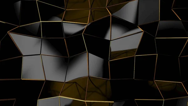Abstract black geometric bumpy surface with kinks from glossy blocks and yellow connections. Minimal quadrilateral grid 3d rendering in black. Computer gometric background for screensaver