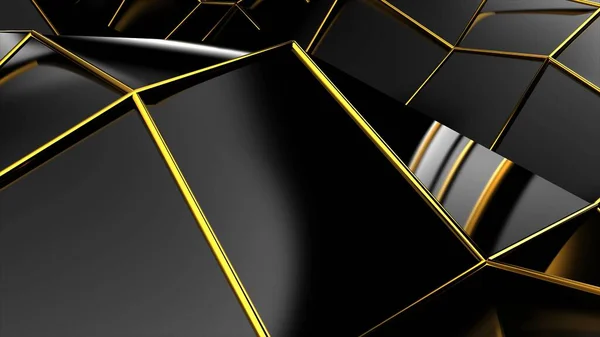 Abstract black geometric bumpy surface with kinks from glossy blocks and yellow connections. Minimal quadrilateral grid 3d rendering in black. Computer gometric background for screensaver