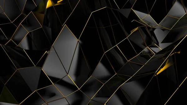 Abstract black geometric bumpy surface with kinks from glossy blocks and yellow connections. Minimal quadrilateral grid 3d rendering in black. Computer gometric background for screensaver