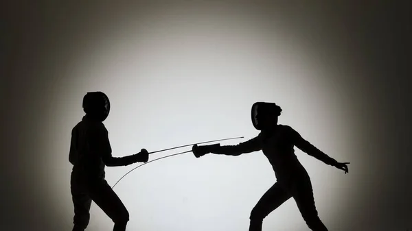 Side View Black Silhouettes Two Young Female Swordswoman Crossed Rapiers — Stock Photo, Image