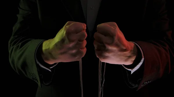 Man Business Suit Holding Puppet Ropes Close Dictator Hands Holds — Stock Photo, Image