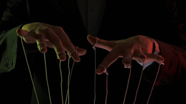 Male Hand Marionette Strings Black Isolated Backgorund Boss Black Business — Stock Photo, Image