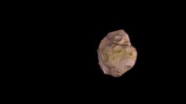 Kara izole edilmiş arka planda uçan ve dönen göktaşı taşlarının bilgisayar grafikleri. Kahverengi asteroitlerin, yıldızların ya da gezegenlerin kozmosta uçan kraterlerin 3 boyutlu hareketlerini canlandırır. Boşluk